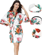 EPLAZA Silk Robes for Women Satin Robe Short Sexy Print Flower Kimono Loungewear Wedding Bridal Party