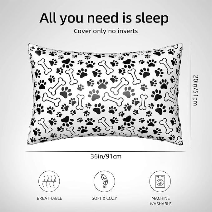 Silk Like Pillowcase for Hair and Skin Black Paw Prints and Bones 1 Pack Satin Pillowcase with Hidden Zipper Soft Breathable Smooth Cooling Pillow Cover King Size for Bedroom Sofa 20”x36”
