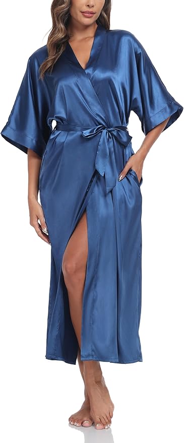 Women's Silk Robes Soft Long Satin Kimono Bathrobe Bride Bridesmaid Wedding Party Robes Sexy Sleepwear with Pockets