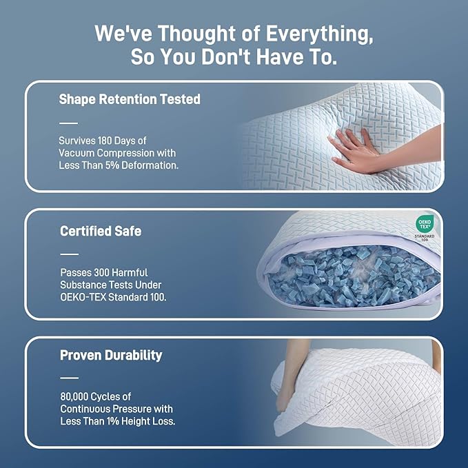 Alkyonos Shredded Memory Foam Cooling Medium Soft Viscose Derived from Bamboo Pillow Queen Size, Adjustable Hypoallergenic Hotel Quality Pillow for Back, Stomach and Side Sleeper, Oeko-TEX Certified