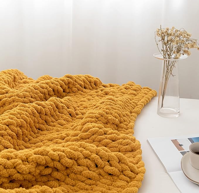 Chunky Knit Blanket Soft Chenille Yarn Knitted Throw Blanket 50"X60" Handmade Cable Warm Thick Giant Blanket for Couch Bed Trips (Turmeric Yellow, Throw 50"X60")?-¡­