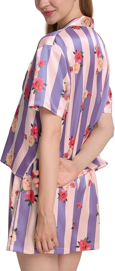 Womens Silk Pajama Sets Floral Print Short Sleeve Satin Pjs Comfy Button Down 2 Piece Sleepwear Loungewear