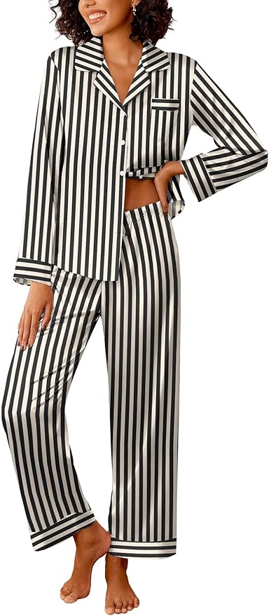 Ekouaer Womens Silk Satin Pajama Sets 2 Piece Sleepwear Pjs Set Long Sleeve Button Down Top and Pants Stripe Loungewear S-XXL