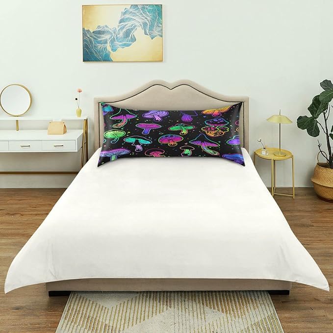 Satin Pillowcase for Hair and Skin, Watercolor Mushrooms Silk Pillowcase Soft and Cozy Body Pillow Covers, Queen Size Satin Pillow Cases with Envelope Closure(20x30 Inch), 1PC