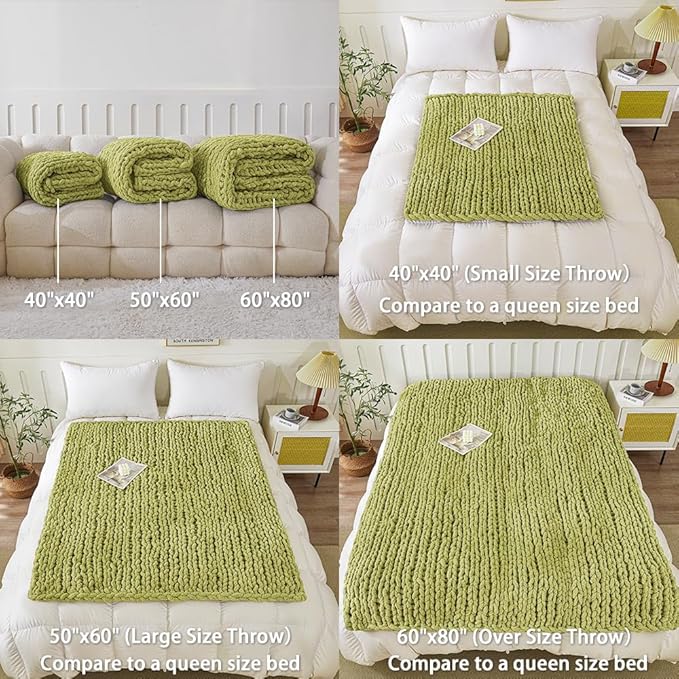 WESHIONGOO Chunky Knit Blanket Throw 51"×63" Knitted Throw Blankets for Couch Bed Fluffy Soft Blanket with Jumbo Chenille Yarn Thick 100% Handmade (Lime Green)