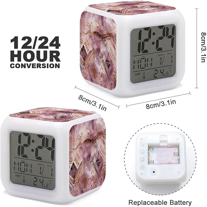 Pretty Peach Pattern Alarm Clock with 7 Color Changing Night Light Loud Digital Alarm Clock for Heavy Sleeper Electric Desk Clocks with Temperature Display Wake Up Digital Clocks