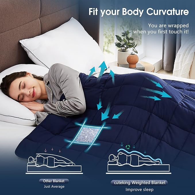 CuteKing Weighted Blanket for Adults (15lbs, 48"x72", Navy Blue) Heavy Blanket for 140-150lbs, Weighted Blanket for Cooling & Heating with Premium Glass Beads, Thick Blanket for Adult All-Season
