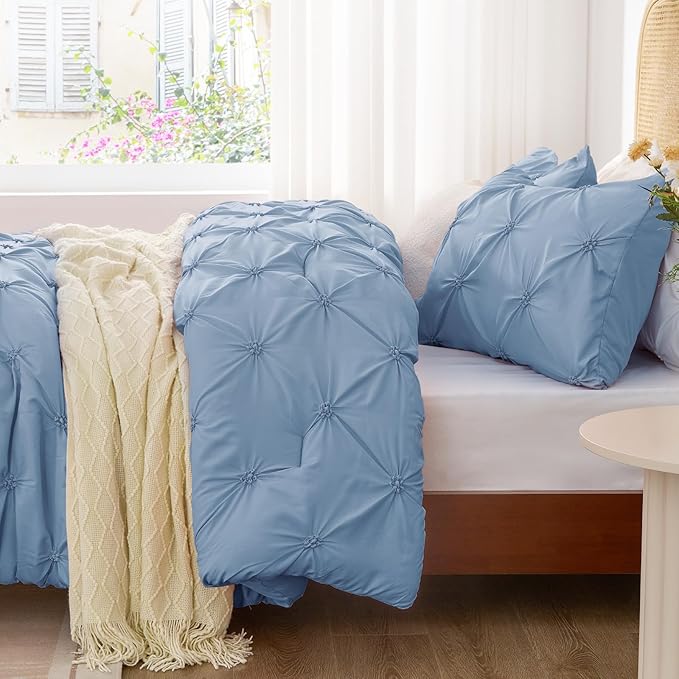 BEDELITE Cornflower Blue King Size Comforter Set - 3 Pieces Boho Pintuck Bedding Comforter Sets, Lightweight Soft & Warm King Bedding Set with 2 Pillowcases for All Season
