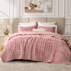 BEDELITE Velvet Quilt Set King Size - Luxury Velvet Comforter Bedding Set 3 Pieces, Lightweight Soft Cozy Rose Pink Oversized Bedspread Coverlet for All Seasons with 2 Pillow Shams