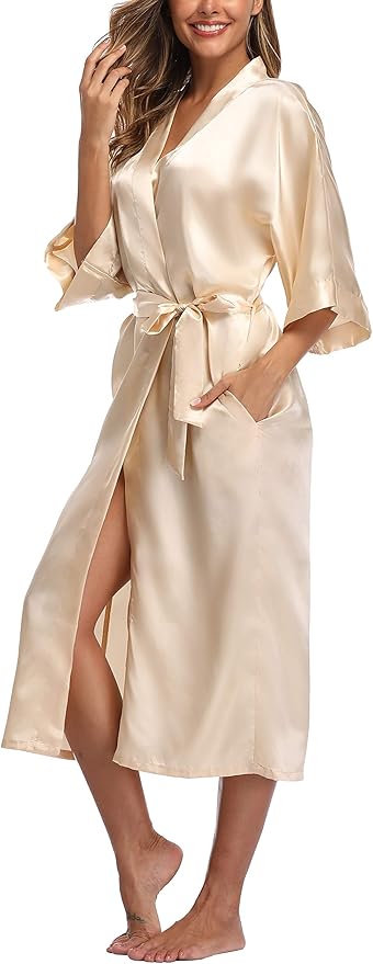 Womens Long Silky Robe Satin Kimono Robes Silk Bathrobe for Wedding Party Full Length Dressing Gown