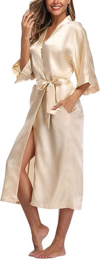 Womens Long Silky Robe Satin Kimono Robes Silk Bathrobe for Wedding Party Full Length Dressing Gown