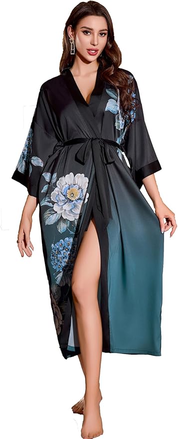 Kihnop Women's Floral Long Kimono Robe Long Satin Robe Long Silk Robe Ladies Kimonos Silky Bathrobe Cover Up, One Size