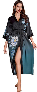 Kihnop Women's Floral Long Kimono Robe Long Satin Robe Long Silk Robe Ladies Kimonos Silky Bathrobe Cover Up, One Size
