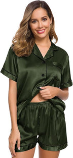 SWOMOG Womens Silk Satin Pajamas Set Short Sleeve Sleepwear Button Down Top and Shorts Loungewear 2 Piece Pjs Set XS-3XL