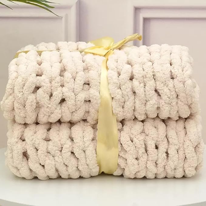 Wttfc Chunky Knit Throw Blanket, Handmade Soft Chenille Yarn Throw Blanket, Thick Cable Knitted Blankets, Large Rope Knot Crochet Blankets for Couch Sofa Bed Home Decor,Beige,80x100cm