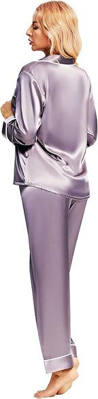 SIHA Satin Silk Pajamas for Women Pajama Set With Long Sleeve Button-Down Satin Pajamas Sleepwear XS-3XL
