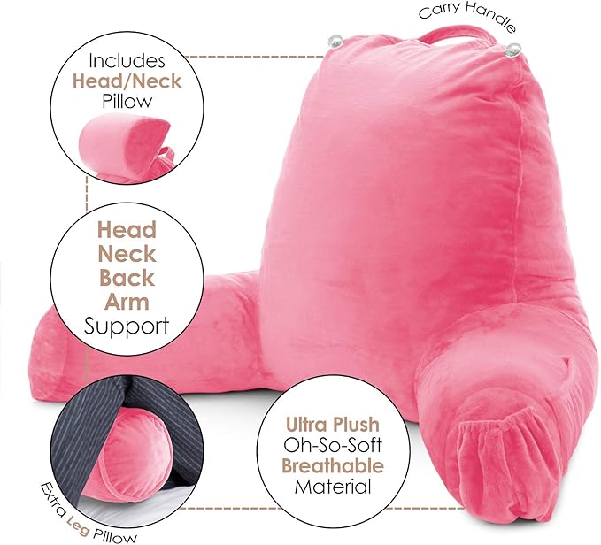 Clara Clark Reading Pillow with Shredded Memory Foam Includes 2 Neck and Lumber Support Pillows, Designed for Sitting Up in Bed and Couch Back and Arms Adjustable Support for Adults & Teens Light Pink
