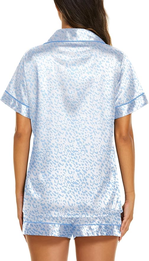 Ekouaer Silk Pajamas for Women Short Sleeve Sleepwear Soft Button Down Loungewear 2 Piece Satin Pjs Shorts Set