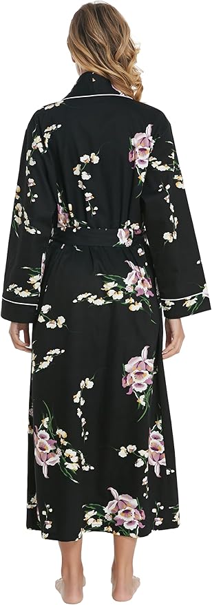 Lavenderi Women’s 100% Cotton Long Kimono Lounge Bathrobe Robe, Ladies Loungewear for Spa