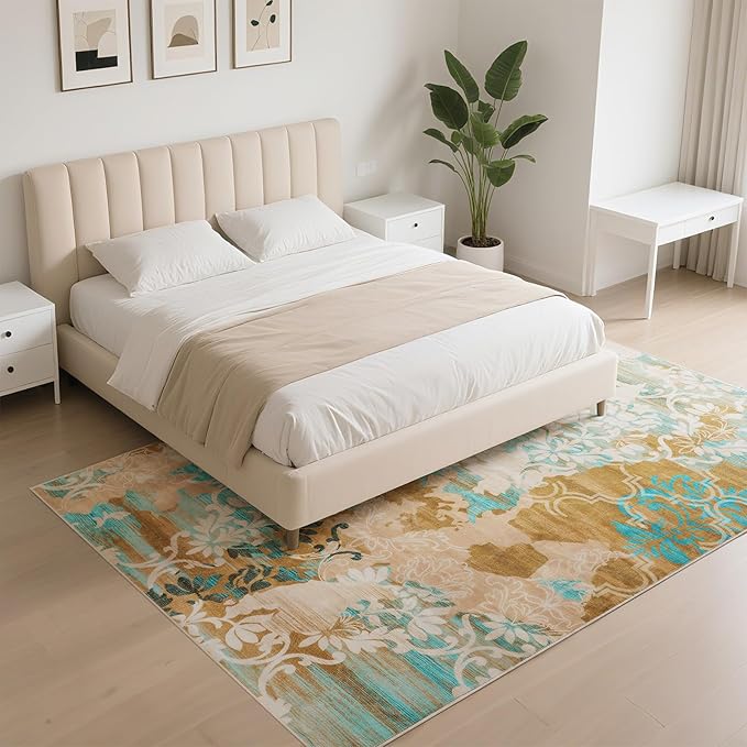 CRYPTOLITE Living Room Rug Washable Abstract Rugs with Non-Slip Backing Low Pile Area Rug for Living Room, Bedroom, Dining Room, 6x9, Orange-Yellow