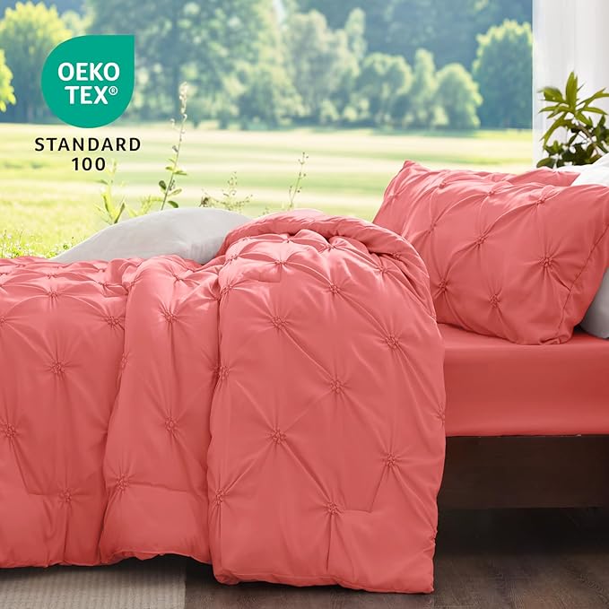 BEDELITE Coral Queen Comforter Set - 3 Pieces Boho Pintuck Bedding Comforter Sets, Lightweight Soft & Warm Bed Comforter Queen with 2 Pillowcases for All Season