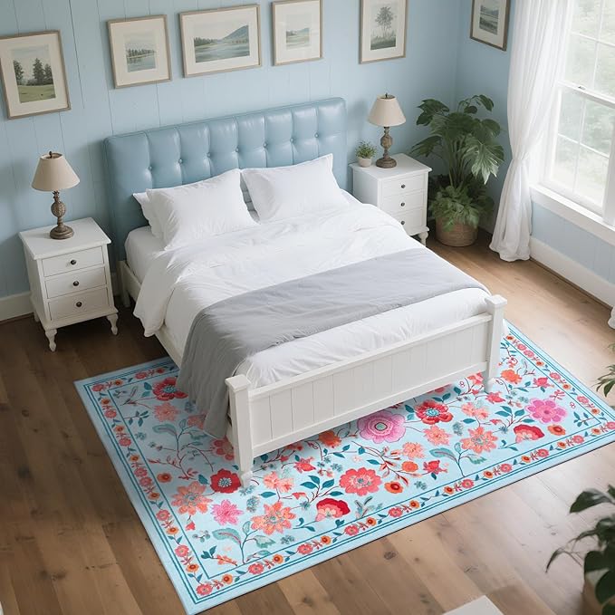 CRYPTOLITE Living Room Rug 6x9 Rug, Machine Washable Area Rug Non Slip Low Pile Floral Rug for Living Room, Bedroom, Farmhouse, Dining Room, Kids Playroom, Blue