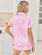 Ekouaer Womens Silk Satin Pajama Sets 2 Piece Button Down Silk Pjs Shorts Sets Cute Print Short Sleeve Sleepwear S-4XL