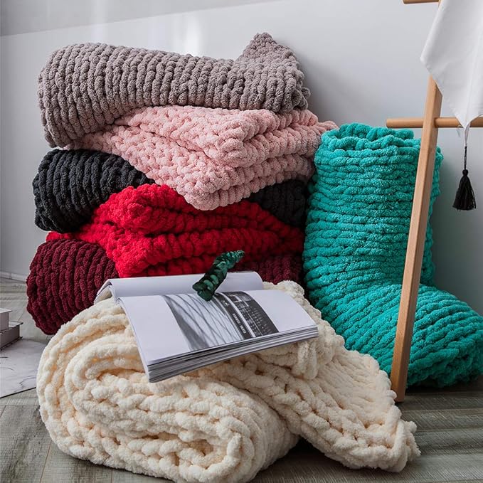 vctops Boho Chenille Chunky Knit Throw Blanket Super Soft Warm Cozy Hand Knit Blankets for Couch Bed Sofa Chair (Black,51"x63")