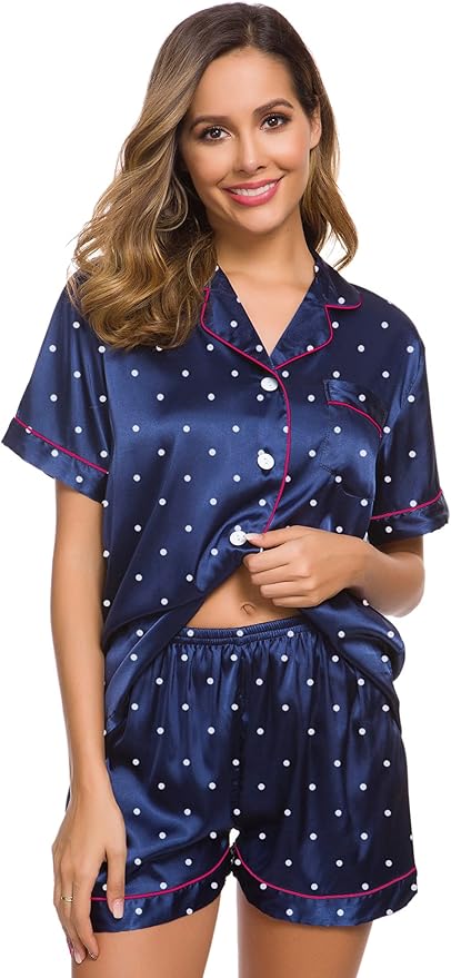 SWOMOG Womens Silk Satin Pajamas Set Short Sleeve Sleepwear Button Down Top and Shorts Loungewear 2 Piece Pjs Set XS-3XL