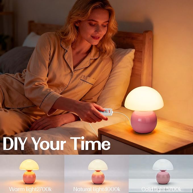 ULAROOM Small Mushroom Lamp,USB-Plug in Bedside Table Lamps with 3-Temperature LED Bulb Dimmable,Unique Cute Aesthetic Home Decor for Living Room,Bedroom, Modern Ceramic Base Glass Lamp(Pink)