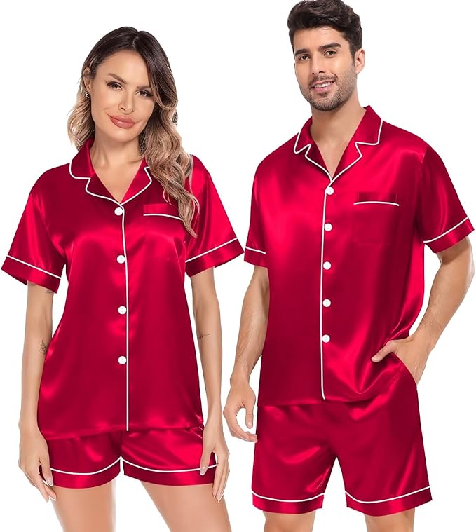 SWOMOG Satin Matching Pajamas Sets Couple Silk Button Down Nightwear Women & Men Short Sleeve Sleepwear 2 Pieces Loungewear
