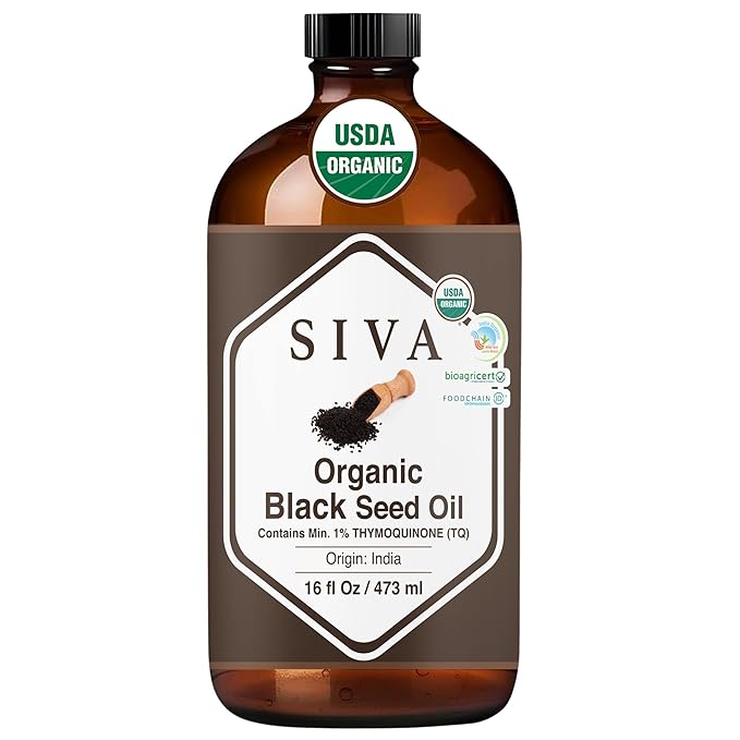 Siva Black Seed Organic Oil 16oz (473ml) Premium Cold-Pressed Organic Carrier Oil for Face, Skin Care, Body Massage, Hair Care, Hair Oiling & Scalp Massage