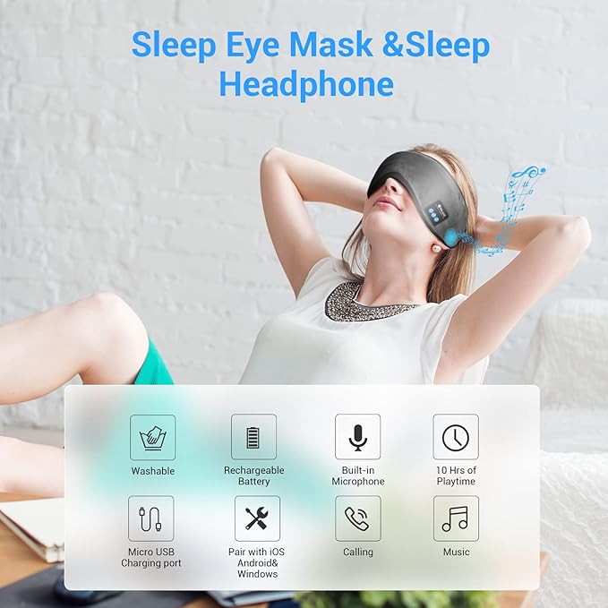 Sleep Headphones - Sleep Mask with Bluetooth Headphones (Grey), Washable Bluetooth Sleep Mask, Built-in Speaker and Microphone, Side Sleeping, Meditation & Travel