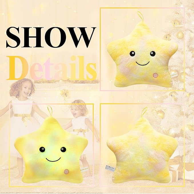 Kids Star Pillow Light Up Stuffed Animal for Girls Decorative Pillows Plushies for Boys Children Teens Adults Gifts on Birthday Christmas Valentines,Twinkle Star Throw Pillow Night Plush Toys