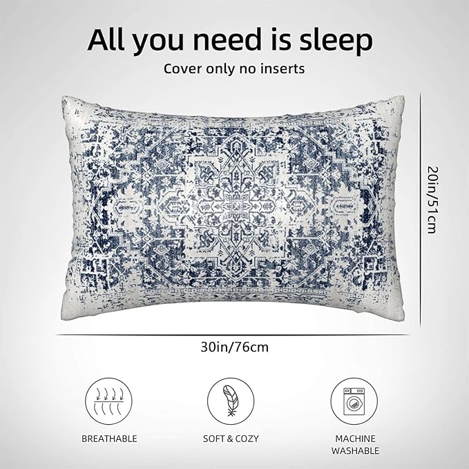 Silk Like Pillowcase for Hair and Skin Retro Boho Blue Carpet 1 Pack Satin Pillowcase with Hidden Zipper Soft Breathable Smooth Cooling Pillow Cover Queen Size for Bedroom Sofa 20”x30”