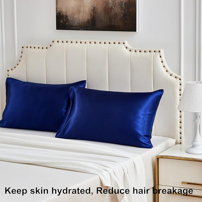 Satin Pillowcase for Hair and Skin, Super Soft Vegan Silk Sleep Set-2 Satin Pillow Cases Standard Size, 1 Eye Mask, 1 Scrunchie, Self Care Essential Satin Night Routine Kit, Navy Blue