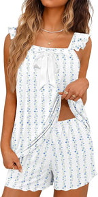 Ekouaer Women's Pajamas Sets 2 Piece Bow Bridal Pajama Cute Tank Top and Shorts Pjs Soft Ruffle Sleepwear XS-2XL