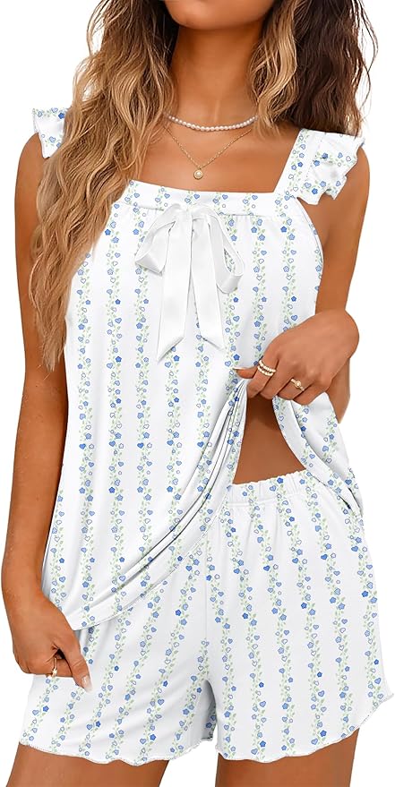 Ekouaer Women's Pajamas Sets 2 Piece Bow Bridal Pajama Cute Tank Top and Shorts Pjs Soft Ruffle Sleepwear XS-2XL