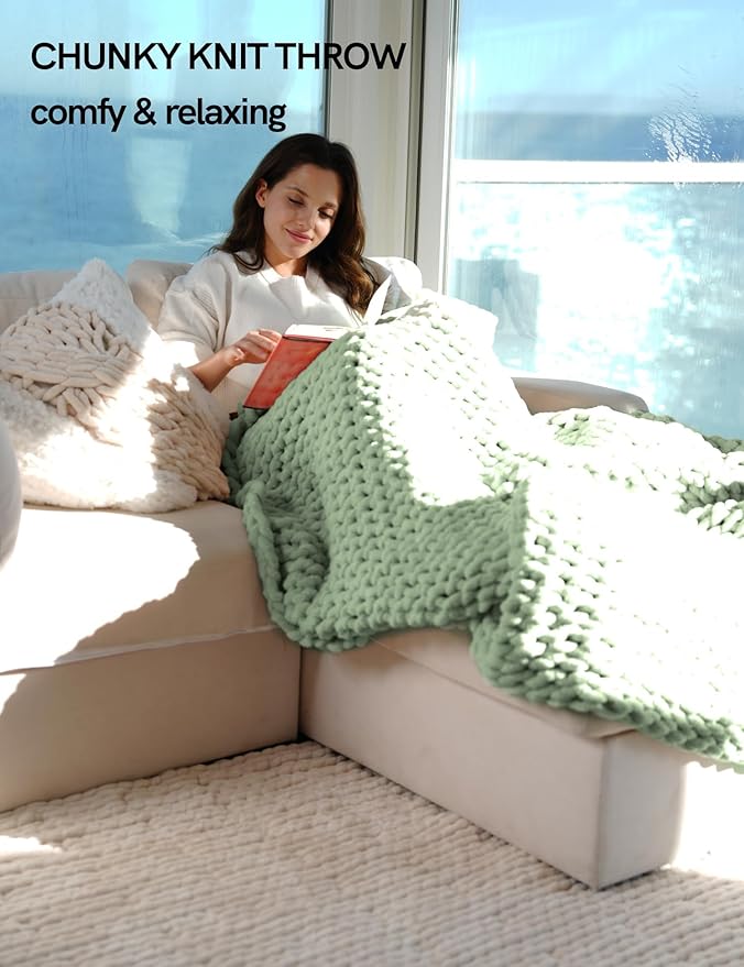 YnM Chunky Throw Blanket, Medium-Weight, Hand Knitted with Chenille Yarn, Skin Friendly, Ventilated and Breathable, Machine Washable, Home Décor Piece for Couch, Sofa and Bed (Sage Green, 60x80 Inch)