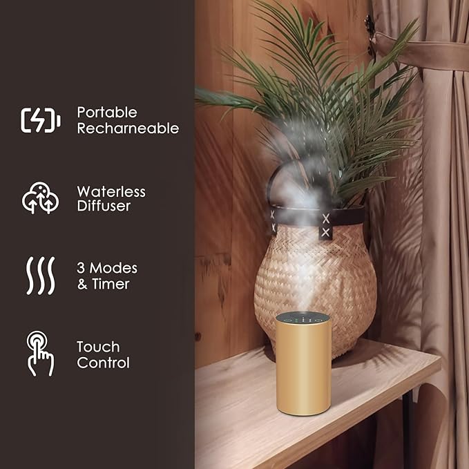 Waterless Essential Oil Diffuser, Battery Powered Mini Scent Air Machine, Aromatherapy Mist Diffuser for Home Room Car Office (Gold Aluminum Alloy)