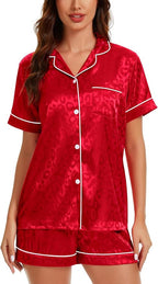 LecGee Womens Silk Satin Pajamas Short Sleeve Loungewear Two-Piece Sleepwear Button-Down Pj Set