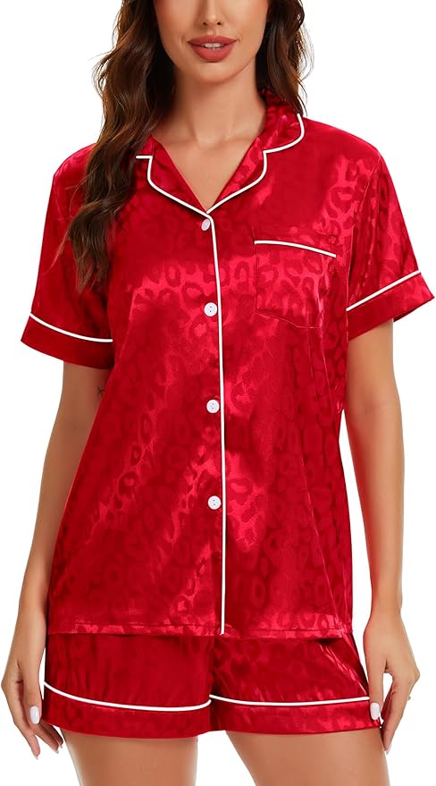 LecGee Womens Silk Satin Pajamas Short Sleeve Loungewear Two-Piece Sleepwear Button-Down Pj Set