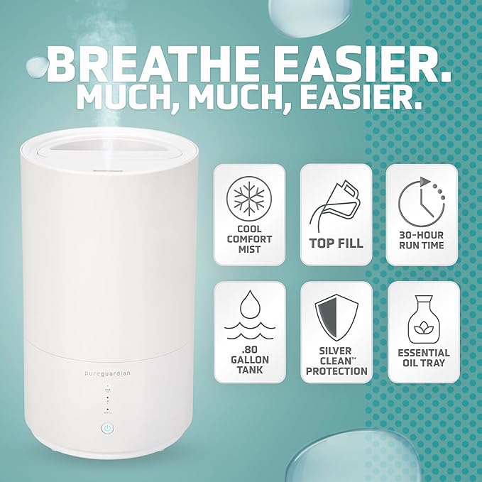 PureGuardian 30-Hour 0.80 Gal. Top Fill Cool Mist Ultrasonic Humidifier for Home with Aromatherapy Tray, Covers 320 Sq. Ft, White, H950AR (Pack of 2)