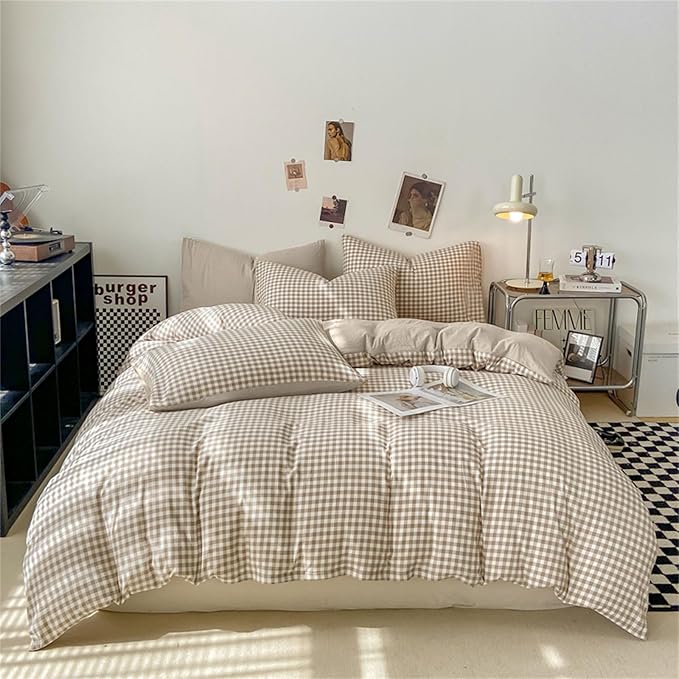 Nayoroom Gingham Duvet Cover Twin Size Brown Tan Plaid Checkered Comforter Cover 2 Pieces Soft Lightweight Washed Microfiber Farmhouse Grid Dorm Bedding Set with Pillowcases