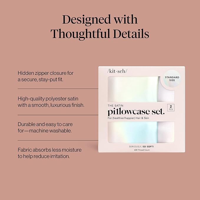 Kitsch Satin Pillowcase with Zipper for Hair & Skin - Softer Than Silk Pillow Cases, Smooth Cooling Satin Pillow Case, Wrinkle-Free, Machine Washable - Pillow Cases Standard Size (19x26) - Aura, 2pcs