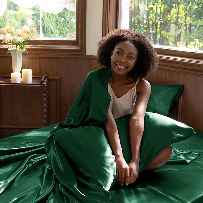 CozyLux Satin Sheets Queen Size Bed Set - 4 Piece Silky Queen Sheet Set, Luxury Dark Green Queen Sheets with Smooth and Soft Microfiber, Includes 1 Fitted Sheet, 1 Flat Sheet and 2 Pillowcases
