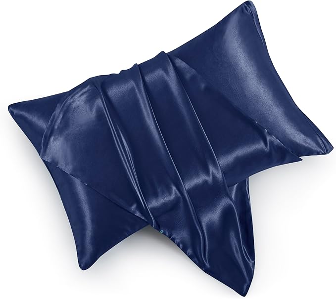 Navy Blue Satin Pillowcases with Zipper （20x36）,King Size Pillowcases Set of 2,Navy Blue Silk Pillowcase for Hair and Skin
