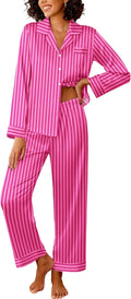 Ekouaer Womens Silk Satin Pajama Sets 2 Piece Sleepwear Pjs Set Long Sleeve Button Down Top and Pants Stripe Loungewear S-XXL