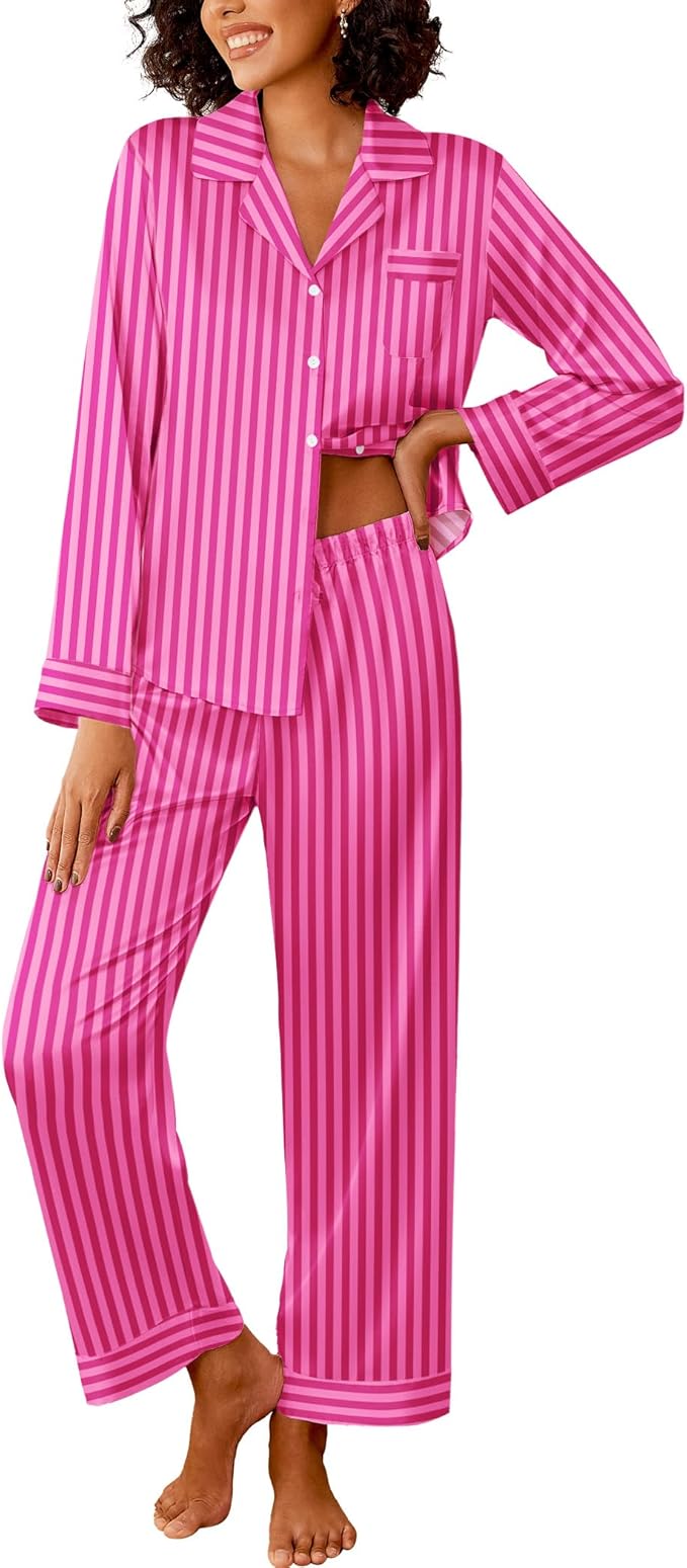 Ekouaer Womens Silk Satin Pajama Sets 2 Piece Sleepwear Pjs Set Long Sleeve Button Down Top and Pants Stripe Loungewear S-XXL