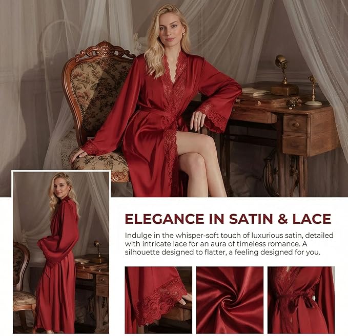Women Sexy Satin Lace Robe,Long Sleeve Silk Bathrobe with Belt Soft Lightweight Full Length Sleepwear